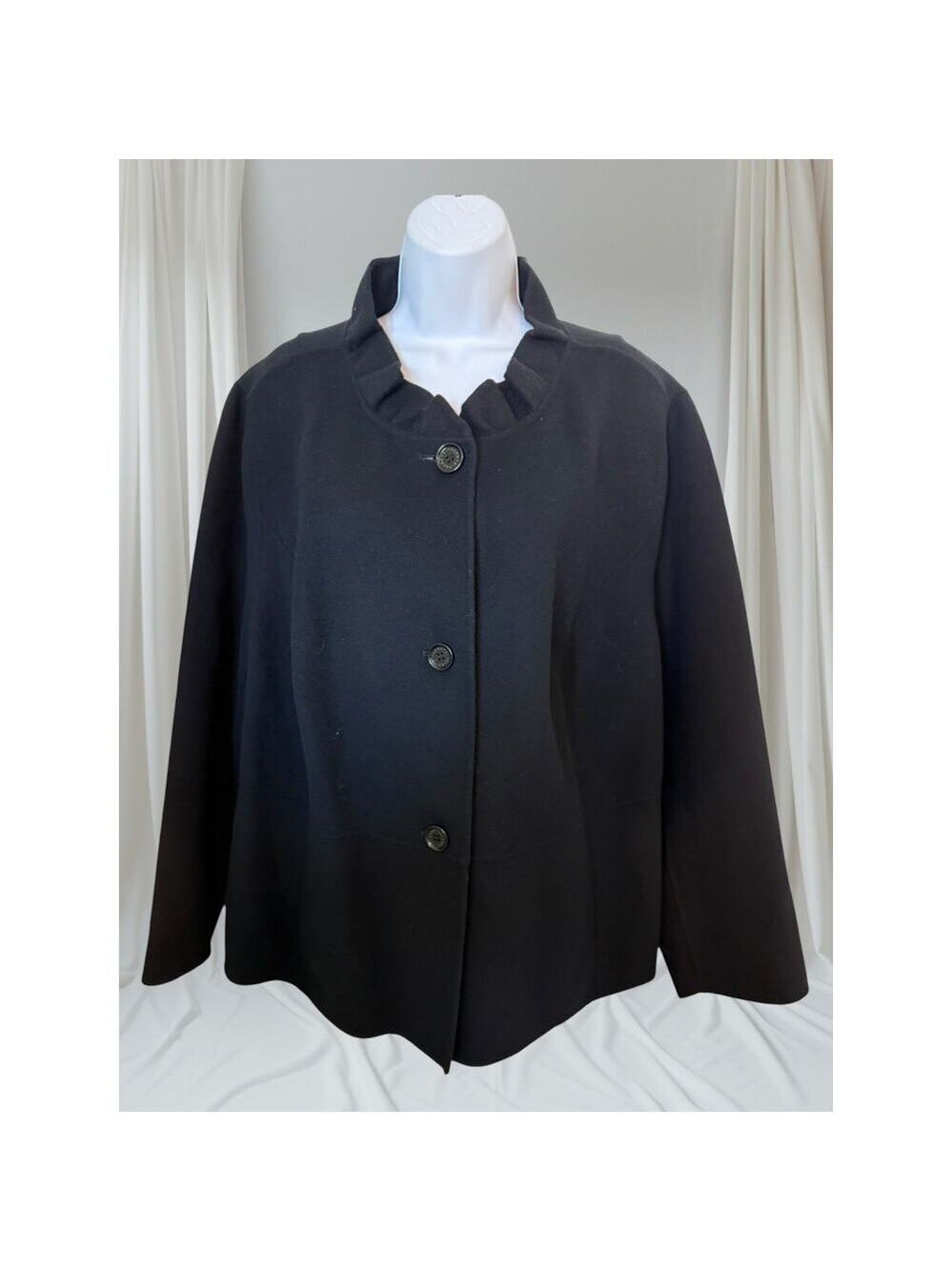 Talbots Woman Black Wool Blend Ruffle Collar Button Front Coat – Size 20W